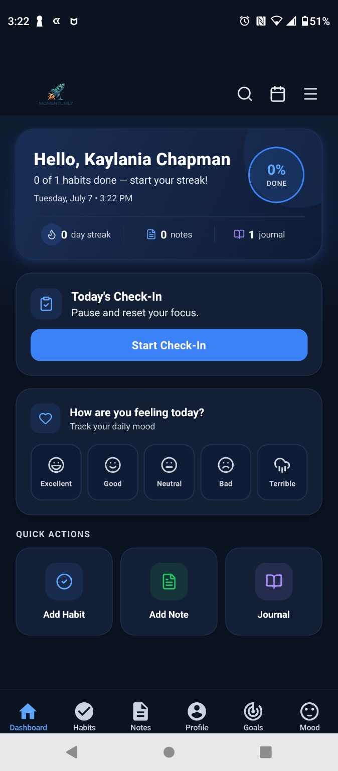 Momentumly dashboard app mockup